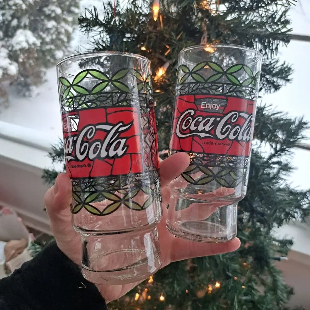 Vintage Set Of 4 Tiffany Stained Glass Coca Cola Holiday Red Drinkware Coke